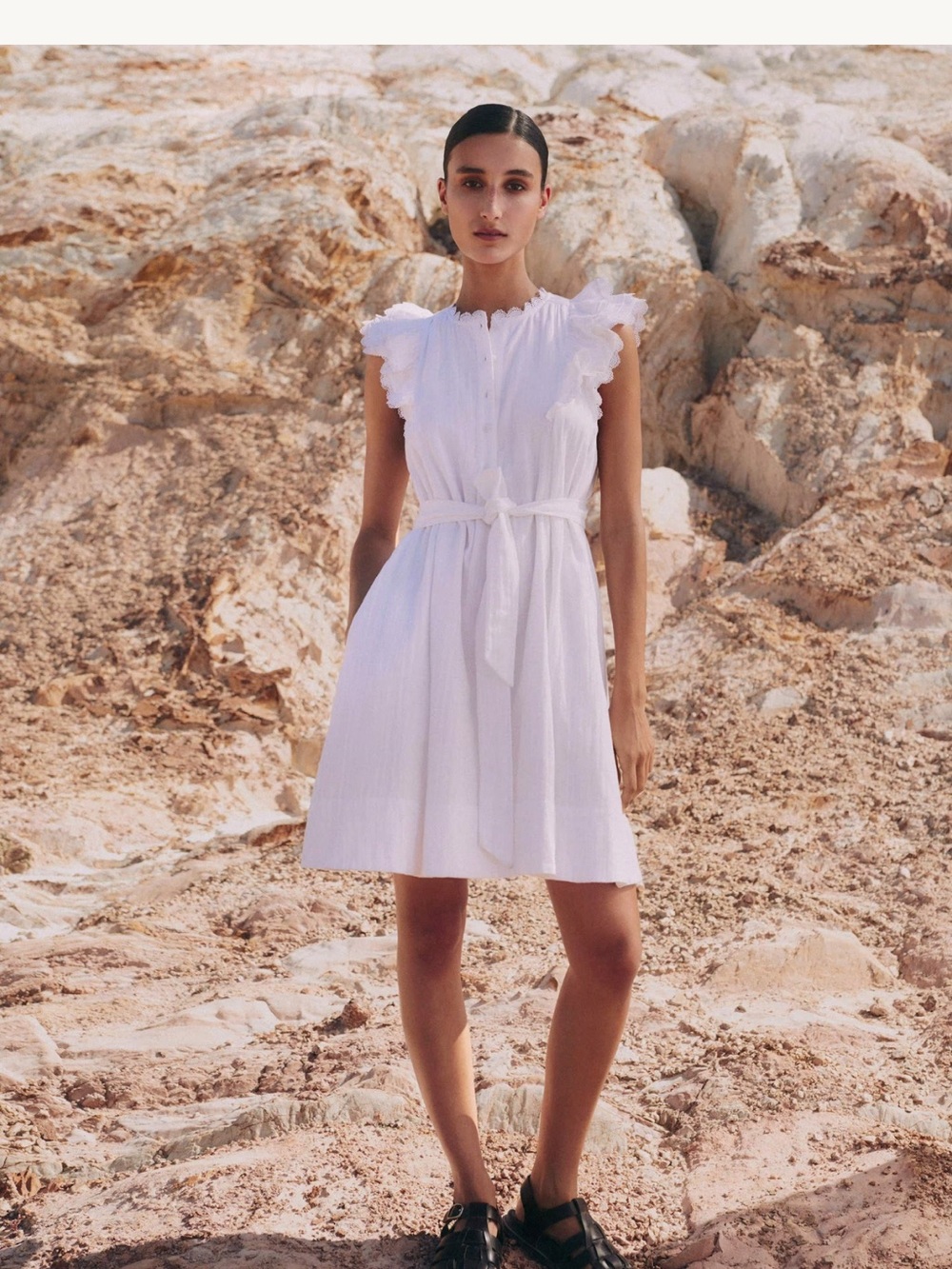 ME+EM White Ruffle Sleeve Cheesecloth Tie-Waist Mini Dress